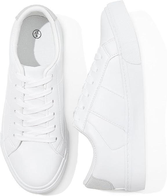 kufeiti White PU Leather Sneakers for Women Low Top Lace Up Tennis Shoes Women's Fashion Casual Shoes Sneakers