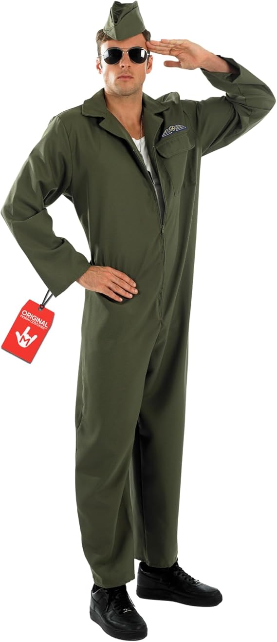 fun shack, Flight Suit Costume Men, Halloween Costumes for Men | Khaki Green Military Style Jumpsuit with Zipper Closure, Matching Hat Included, Perfect for Halloween, Great for Dress-Up