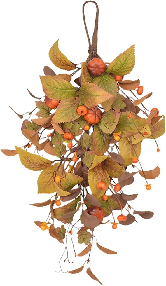 Fall Harvest Teardrop Swag Artificial Fall Swag Thanksgiving Day Teardrop Wreath Hanging Sunflower Berry Swag for Front Door Wall Autumn Outdoor Decor(Pumpkin)