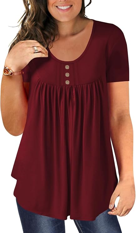 BeadChica Women's Plus Size Tunic Tops Casual Flowy Tshirts Ruched Botton Up Short Sleeve Blouses-Red-XL
