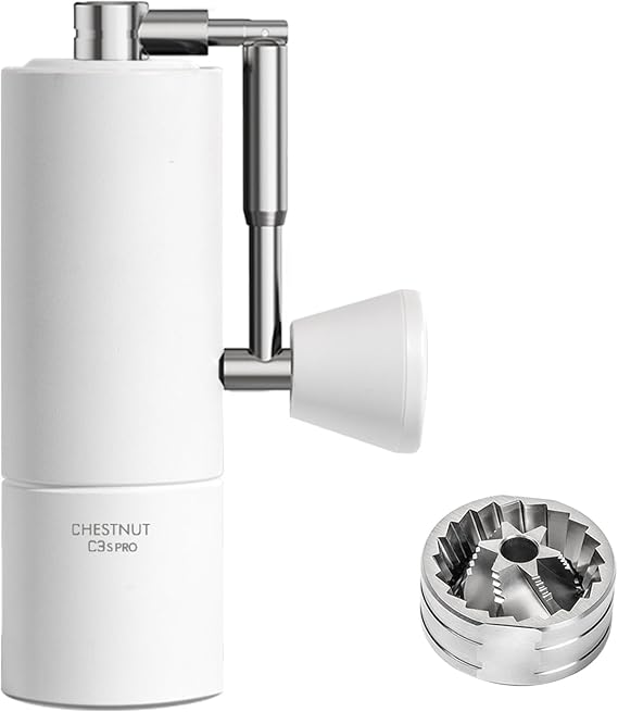 TIMEMORE Manual Coffee Grinder Chestnut C3S Pro with CNC Stainless Steel Conical Burr Hand Grinder, Internal Adjustable Setting Capacity 25g, Double Bearing Positioning for Travel, Camping - White