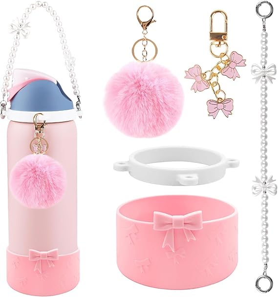 Water Bottle Accessories Set for Owala Accessories Includes 2.9in .3inch Silicone Bling Boot,Pearl Handle Strap, Plush Ball,Bow Charms for Owala FreeSip 24oz32 oz