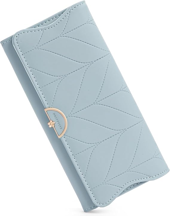 RNIEGA Leather Wallet for Women Trifold Womens' RFID Blocking Wallet Card Holder Purse Clutch with Zipper Coin Pocket,Light Blue
