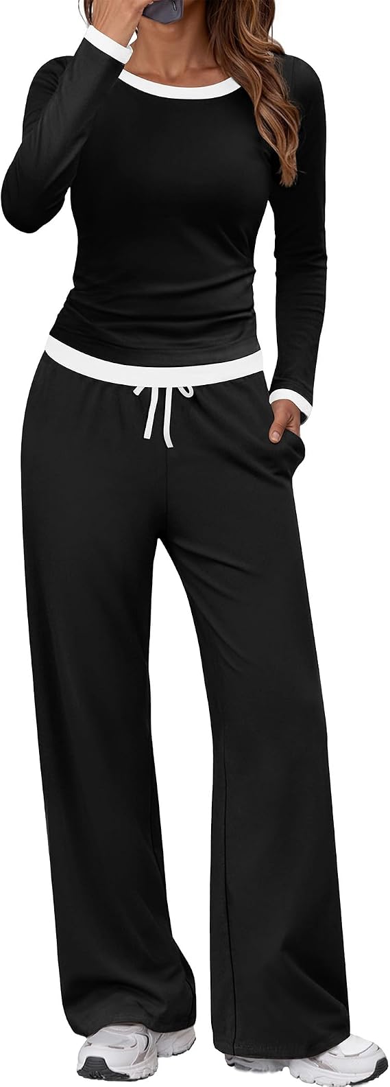 SHESHOW Women 2 Piece Outfits Long Sleeve Tops Wide Leg Pants Casual Matching Lounge Sets for Women XS-XXL