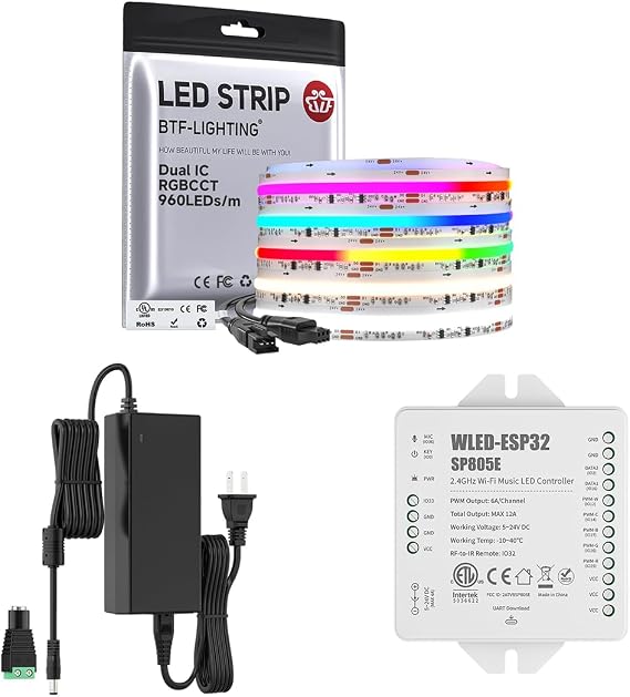 BTF-LIGHTING WS2811 Dual IC RGBCCT FCOB COB LED Strip,UL Listed High Density Chasing IC RGB Light+Tunable White 3000K-6000K,16.4FT 960LEDs/m,12mm
