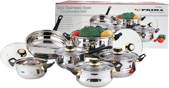 Prime 12Pcs Stainless Steel Cookware Set | Saucepan Pans | Pots - with Glass Lid