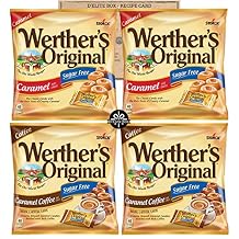 Werthers Sugar Free Hard Candy Variety Pack of 4 Bags (1.46oz) Two Flavors - Caramel and Caramel Coffee 2 Bags each and  bundled with a Recipe card curated by D'Elite Box