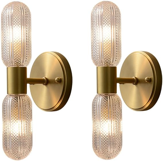 d Brass Glass Wall Sconce - Modern Wall Lighting Hardwired Two Lights Up and Down Dimmable Wall Mounted Lights Bathroom Vanity Light Fixture for Bedroom Living Room,2PACK