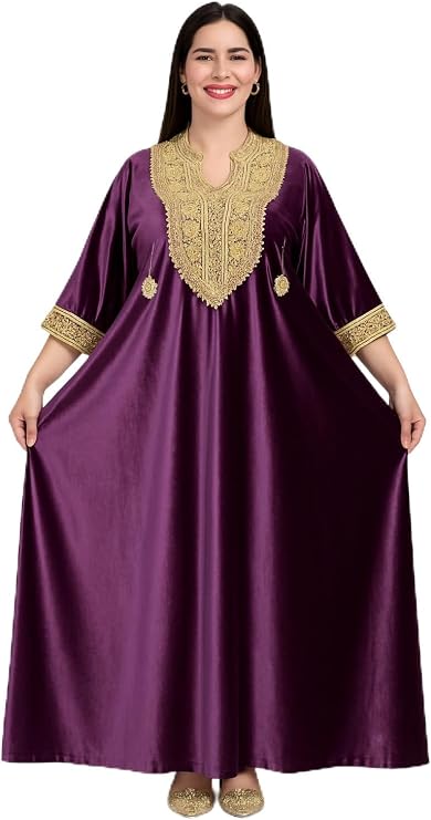 Women's Moroccan Caftan Handmade Royal Dark Purple Velvet with Gold Embroidery, Soft & Breathable, Traditional Modest Dress for Evening & Special Occasions