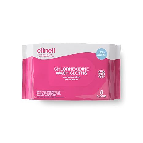 Clinell CHGWC8 Chlorhexidine Wash Cloths - Body Wipes, Rinse Free Solution, Kills Bacteria, Dermatologically Tested - Pack of 8 Cloths