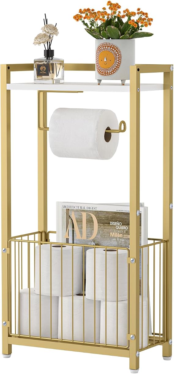 Freestanding Toilet Paper Holder with Storage Shelf Bathroom Tissue Stand with Space for Phone, Rolls, and Magazines All-in-One Toilet Roll Dispenser and Organizer (Gold)