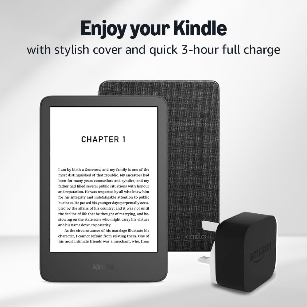 Kindle (2024 Release) 16 GB without ads, an Amazon Fabric Cover and an Amazon Powerfast 9W Power Adapter