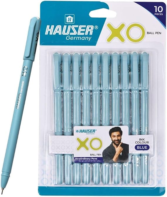 Hauser XO 0.7mm Ball Pen Blister Pack | Sleek Body & Minimalistic Design | Matt Finish & Solid Body Type | Low Viscosity Ink With Ultra Durable Tip | Blue Ink, Pack of 10 Pens