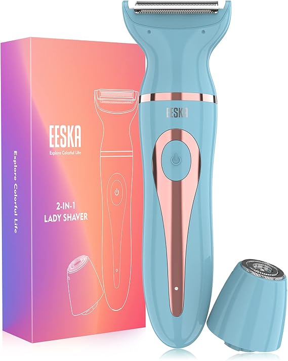 Electric Razor for Women, EESKA 2-in-1 Womens Shaver Bikini Trimmer Body Hair Removal for Face Legs and Underarm, Portable Ladies Shaver, IPX7 Waterproof Wet and Dry, Type C USB Recharge Blue