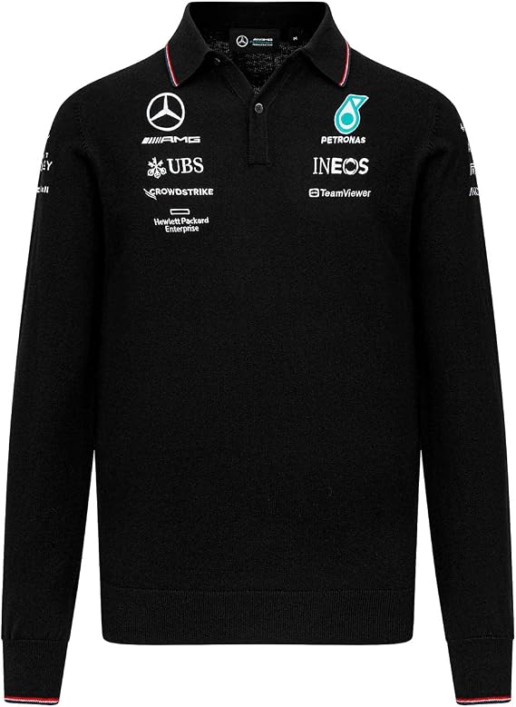 MERCEDES AMG Petronas F1 2023 Team Knitted Long Sleeve Polo Mens - Black XS