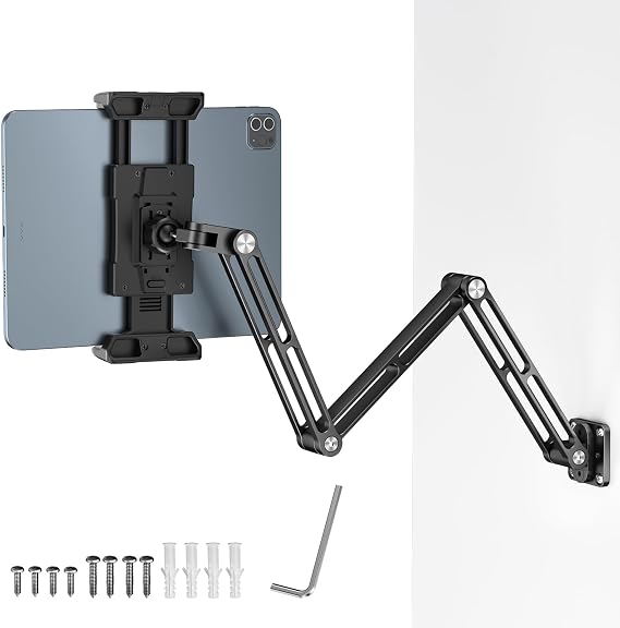 OHLPRO Aluminum Tablet Wall Mount Holder - 360 Adjustable & Extendable 3-Stage Arm for 5-13" iPad Pro/Air/Mini, Galaxy Tab | Heavy Duty Metal iPad Mount for Wall, Kitchen, Office