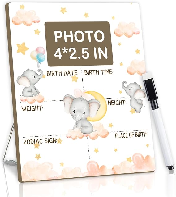 wuguimeii Elephant Baby Birth Announcement Board with Marker, Erasable Newborn Status Board, Elephant Hospital Welcome Props,Decoration for Gender Reveal, Nursery Decoration