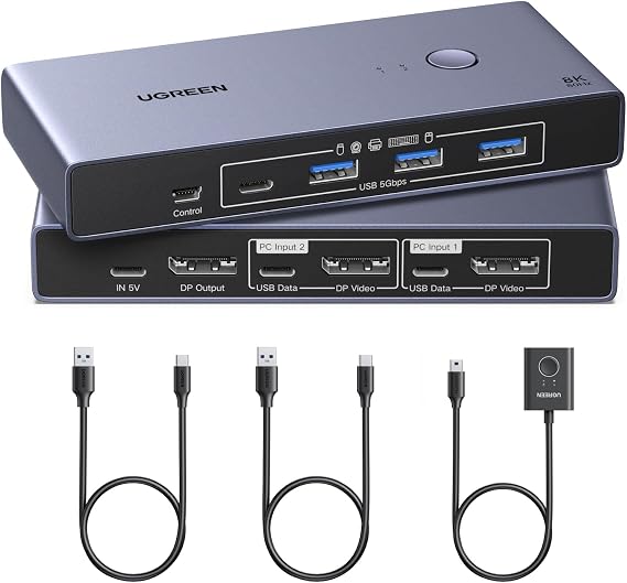 UGREEN 8K@60Hz Displayport KVM Switch 1 Monitors 2 Computers, Aluminum