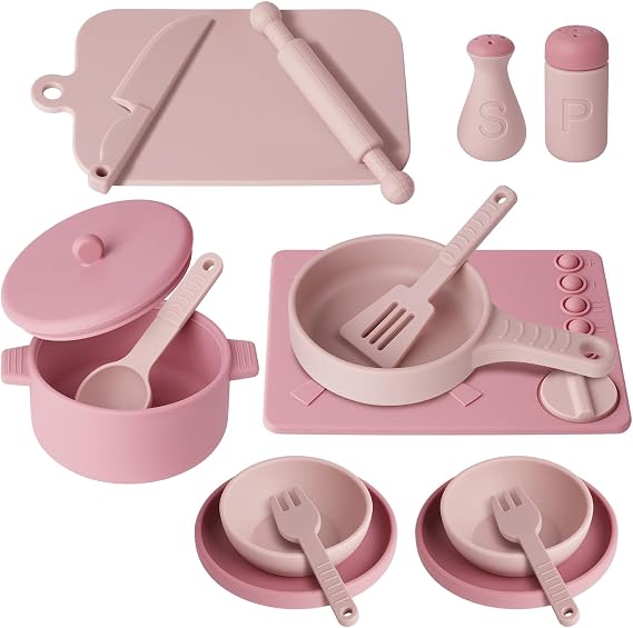 HOTUT Silicone Pretend Play Kitchen Accessories Set, 16pcs Cooking Cookware Pots and Pans Playset, Kids Kitchen Set, Educational Gift Toy for Kids Age 3-8