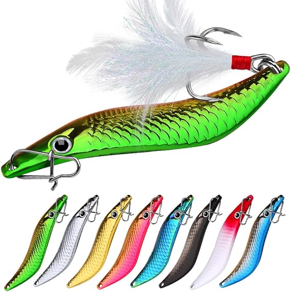 10pcs Metal VIB Leech Spinners Spoon Lures Artificial Bait with Feather Hook Night Fishing Tackle for Bass Pike Perch