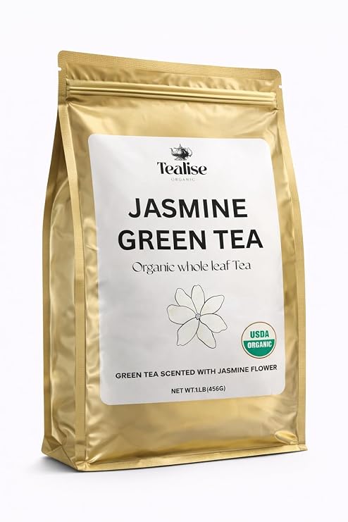 Organic Jasmine Green Tea, Whole Leaf Loose Leaf Tea from Fujian, China, Traditionally Scented with Real Jasmine Flowers, USDA Organic, 1 lb (456 g)