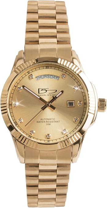 Daniel Steiger Hampshire Gold Men's Watch - Self-Winding Automatic With Day & Date - Yellow Gold Stainless Steel - Gold Dial With Crystal Hour Markers - Adjustable Metal Bracelet - 30M Water Resistant