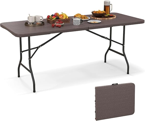 Giantex 6ft HDPE Folding Table, Outdoor Indoor Foldable Table with Metal Legs, Fold-in-Half Portable with Handle for Picnic, Camping, Banquet, Party Event (Brown)