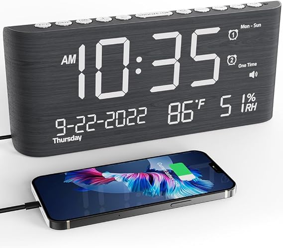Wooden Digital Alarm Clocks for Bedrooms, Bedside Desk Clock with Day and Date, USB Charging Port, Temperature & Humidity Detect, Weekday/Weekend Mode, Dual Alarm, 2-100% Brightness Dimmer, 12/24H