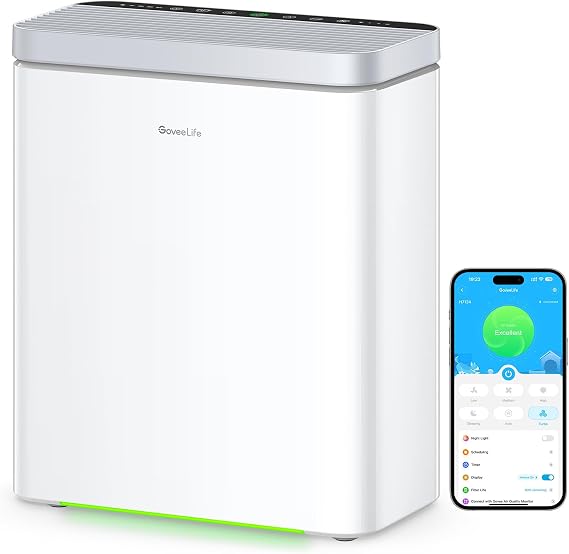 GoveeLife Smart Air Purifier with PM2.5 Monitor for Large Rooms up to 97 m² 3-in-1 HEPA filter with sleep mode and app Alexa control - removes pet hair and pollen ideal for allergy sufferers