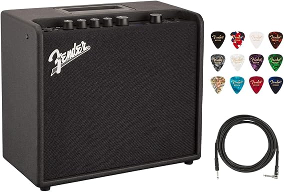 Fender Mustang LT25 Guitar Amplifier Bundle with Fender Classic Celluloid Guitar Picks (12-Pack) and 10ft Pro Series Instrument Cable STR/ANG