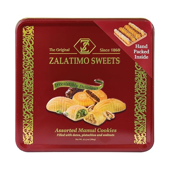Zalatimo Sweets Since 1860, 100% All Natural Assorted Mamoul Shortbread Cookies, Square Metal Gift Tin, Slightly Sweet Cookies, Pistachio, Walnuts, Dates, No Preservatives, No Additives, 1.7Lbs