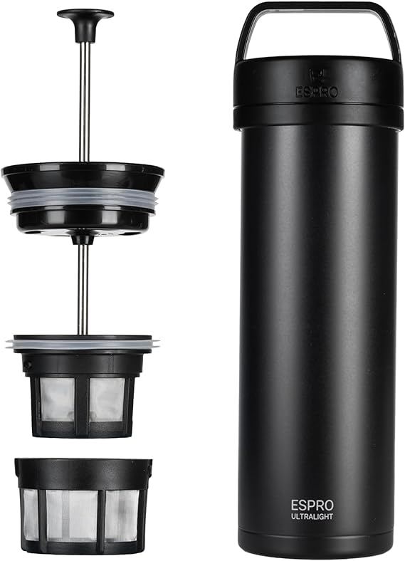 ESPRO Go P0 Ultralight French Press Coffee Maker for Travel, Vacuum Insulated Stainless Steel, 16 Ounces, Matte Meteorite Black