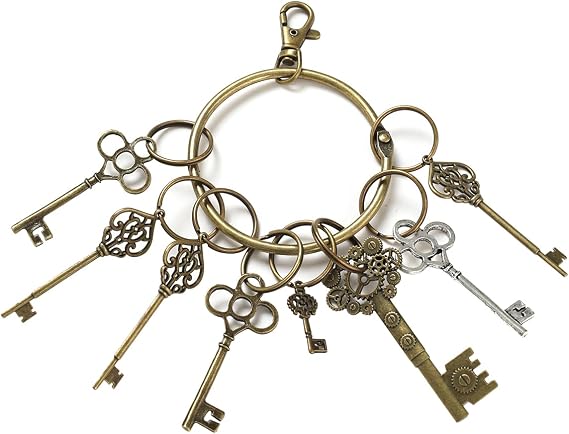 BLESSUME Punk Key Chain Medieval Bronze Skeleton Keys on Ring