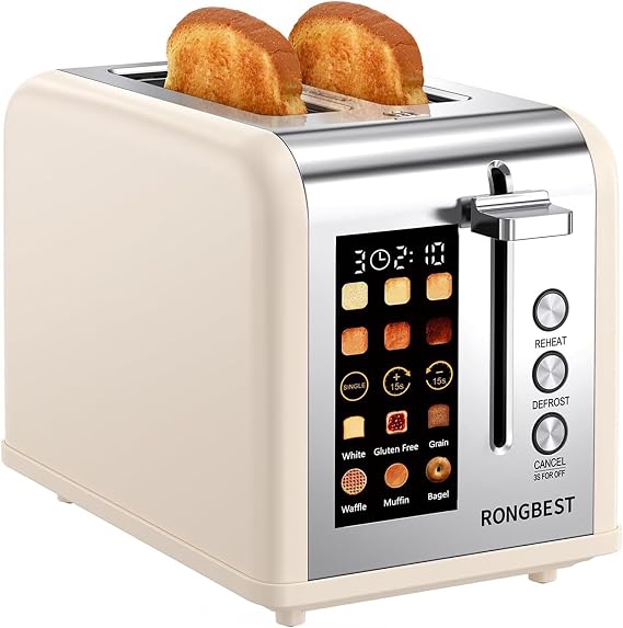 2 Slice Toaster Touch Screen with Wide Slot, Single-slice Mode, Cream Color | Stainless Steel, Reheat & Defrost, Toasted Bagel & Bread for Family Breakfast, Digital Touchscreen, Removable Crumb Tray