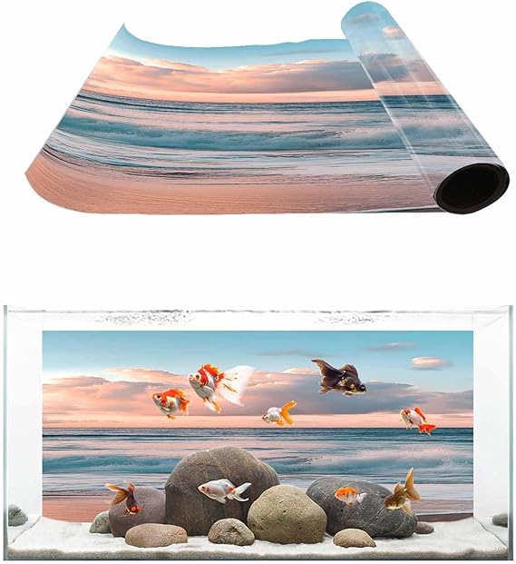 Beach Ocean Aquarium Background 12x24 Inch Self-Adhesive Fish Tank Decorations, Sunset Scenery Seashore Horizon Summer Decorative Fish Tank Background Polyester Aquarium Decor Poster