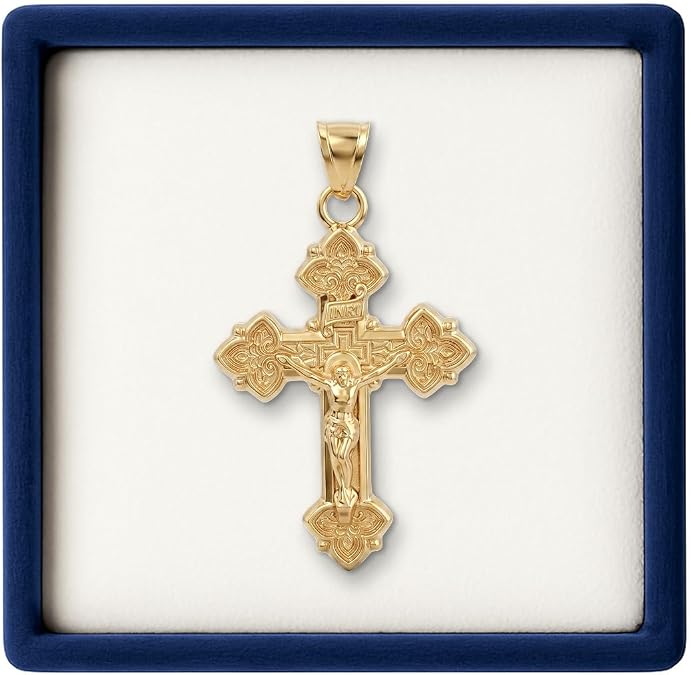 Cross+Crown Intricate 14K Gold Crucifix Pendant for Women & Men, Durable Double-Bonded 14K Yellow Gold Crucifix to Avoid Tarnishing, Authentic Crucifix Necklace Pendant for Men & Women, Handcrafted in the USA