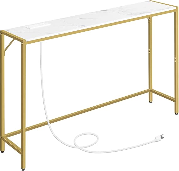 MAHANCRIS Console Table, Narrow Sofa Table, 43.7 Entrance Table with Power Station, Behind Couch Table, Simple Style, for Living Room, Hallway, Entryway, Foyer, Marble and Gold CTJM112E01