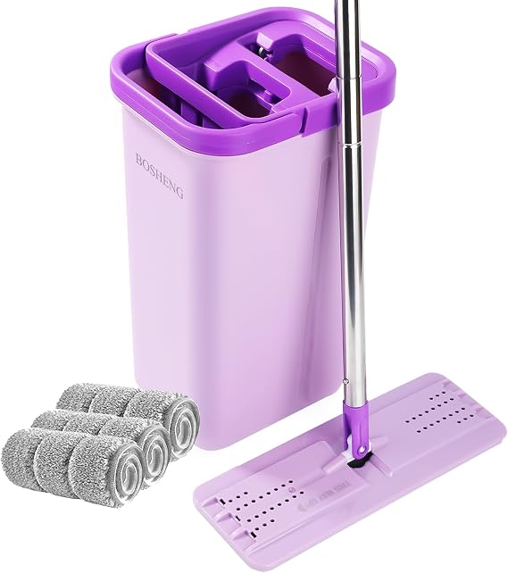 BOSHENG Mop and Bucket with Wringer Set, Hands Free Flat Floor Mop and Bucket, 3 Washable Microfiber Pads Included, Wet and Dry Use, Home Floor Cleaning System for All Floor Types and Windows, Purple