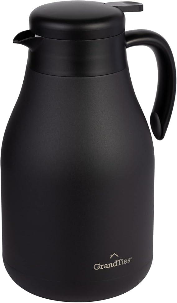 GrandTies 61oz Stainless Steel Thermal Coffee Carafe - Insulated Double Walled Vacuum Coffee Pot, Hot Water Dispenser - Thermal Bottle for Drinks, 12 Hour Heat Retention (Midnight Black)