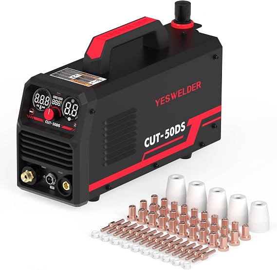 YESWELDER CUT-50DS Plasma Cutter, 50A 110V/220V Pilot Arc Digital Display Plasma Cutting Machine & 60 Pcs Plasma Cutting Consumables Fit Cut40 50 with Plasma Cutter Torch PT31 LG40