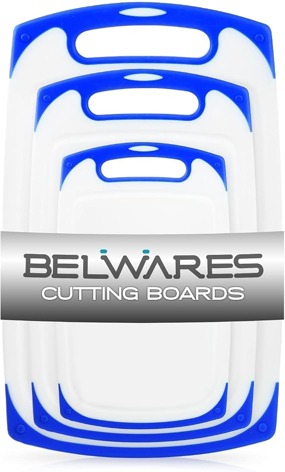 Cutting Boards for Kitchen, Plastic Chopping Board Set of 3 with Non-Slip Feet and Deep Drip Juice Groove, Easy Grip Handle, BPA Free, Non-porous, Dishwasher Safe