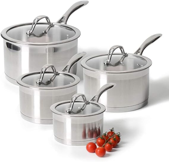 ProCook Professional Stainless Steel Saucepan Set with Glass Lids - 4 Piece, 14/16/18/20 cm, 1.2/1.9/2.6/3.6 L - Uncoated Induction Compatible Pans, Dishwasher & Oven Safe Cookware -
