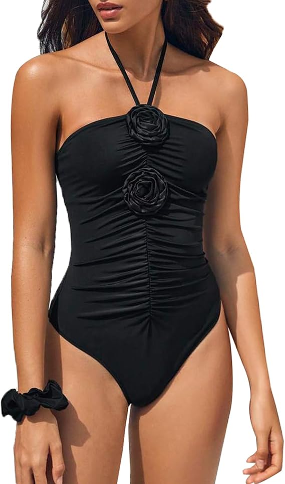 Women's Ruched One Piece Swimsuit 3D Flower Halter Tie Back Floral Swimwear Bathing Suit Monokini