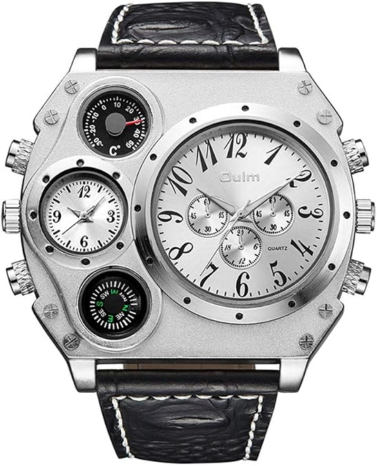 Oulm 1349 Mens Watch Analog Black Leather Strap White Dial 4 Sub-dials