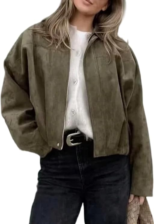Famnbro Womens Suede Bomber Jacket Lapel Long Sleeves Oversized Coats | Soft Faux Suede Fabric,Y2K Zip Up Windbreaker,Chic Retro Ladies Autumn Coat for Shopping Trips Outdoor Casual Daily Matching