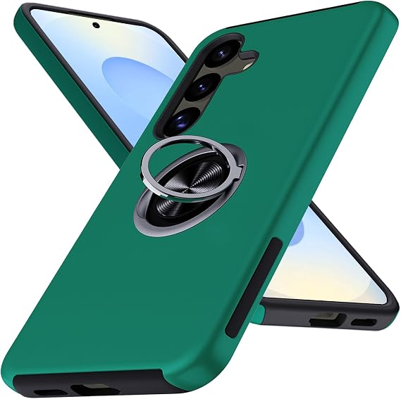 Galaxy S25 ケース、ミリタリーグレードの耐衝撃カバー、リングホルダー キックスタンド付き 回転可能 インビジブル、Samsung S25ケース、Samsung Galaxy S25用スリムフィット保護ケース 6.2インチ、グリーン