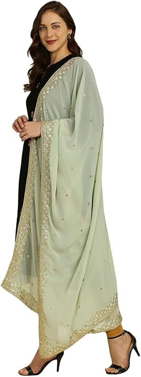 DUPATTA BAZAAR Women's Georgette Dupatta With & Gold Embroidery Free Pastel Green