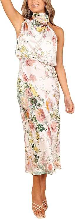 Women's Floral Sleeveless Halter Neck Satin Dress Sleeveless Mock Neck Elastic Waist Casual Satin Dress