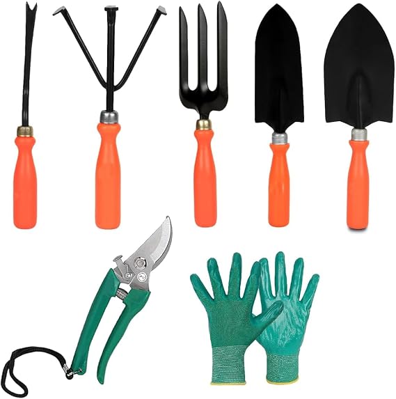 Gardening Tools Kit - 7 Pcs (Cultivator, Fork, Trowels, Weeder, Garden Gloves, Pruner Cutter) | Gardening Tools Set for Home | Indoor and Outdoor Gardening
