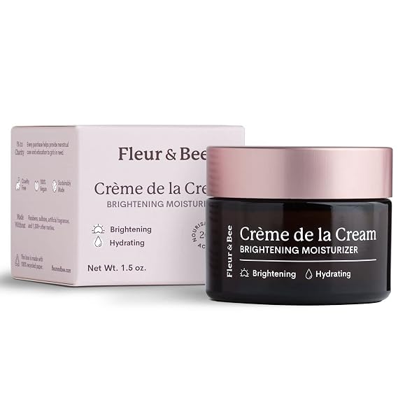 FLEUR & BEE Brightening Moisturizer | Clean, 100% Vegan | Anti Aging, Wrinkle Cream with Vitamin C | Wrinkles, Hyperpigmentation & Dark Spot Corrector for Face | Creme de la Cream 1.5 oz